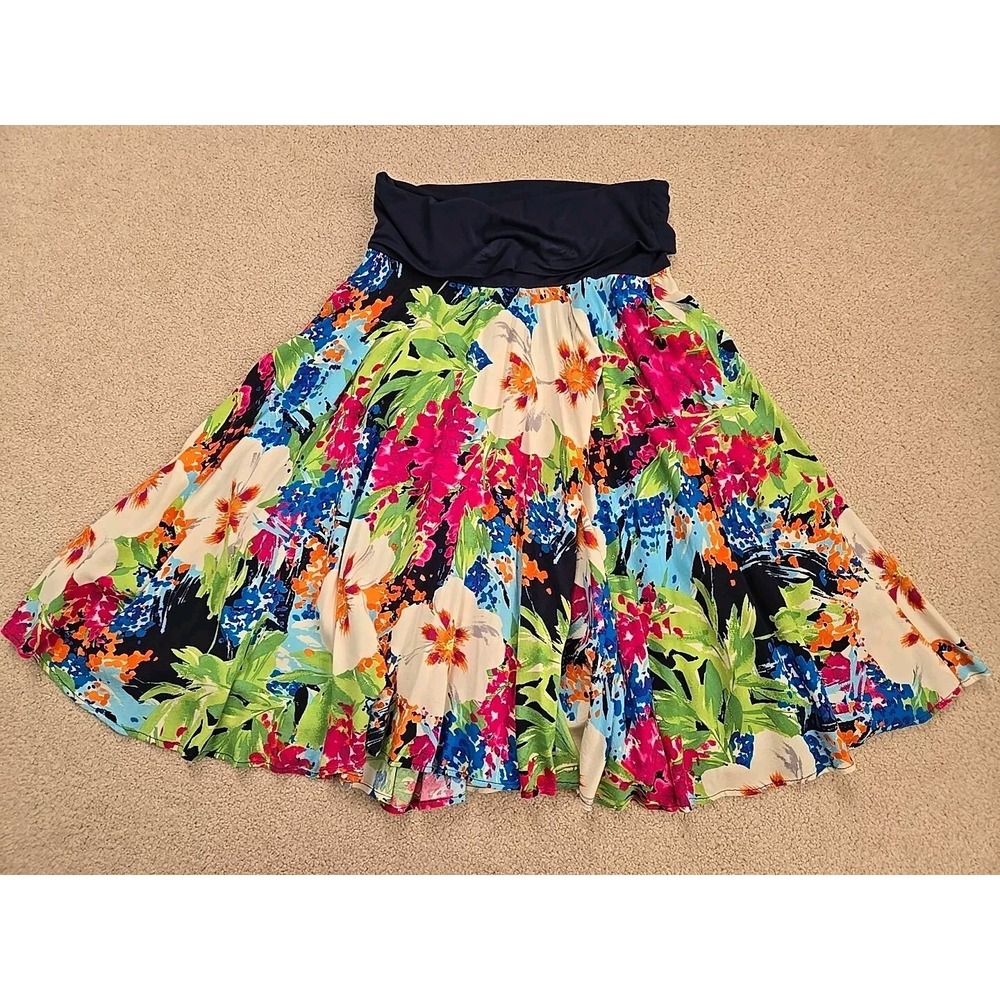 Vintage Y2k SOLEMIO Skirt Medium Colorful Flowers Circle Pleated Tall Elastic‎